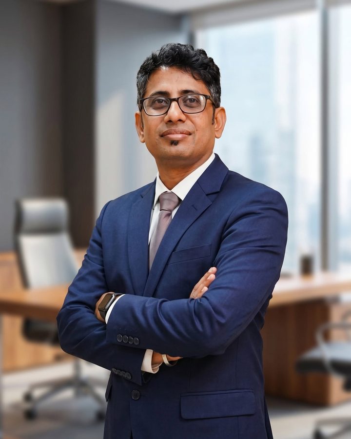 Kanchan Kumar Sarkar, standing in an office with his arms folded